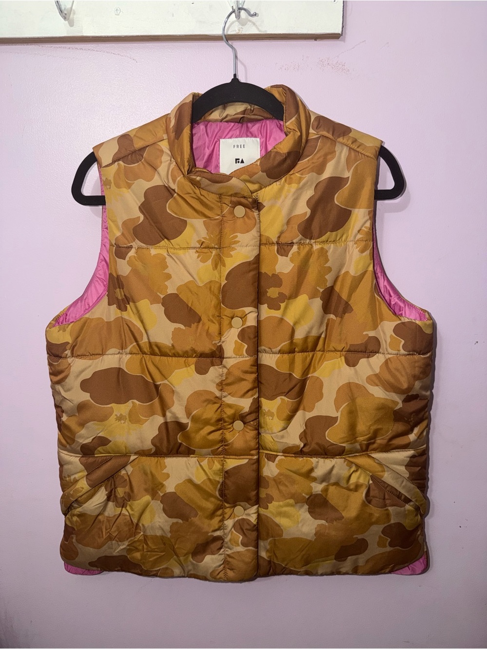 NWOT Free People Brown & Tan Camo Puffer Vest with Pink Lining